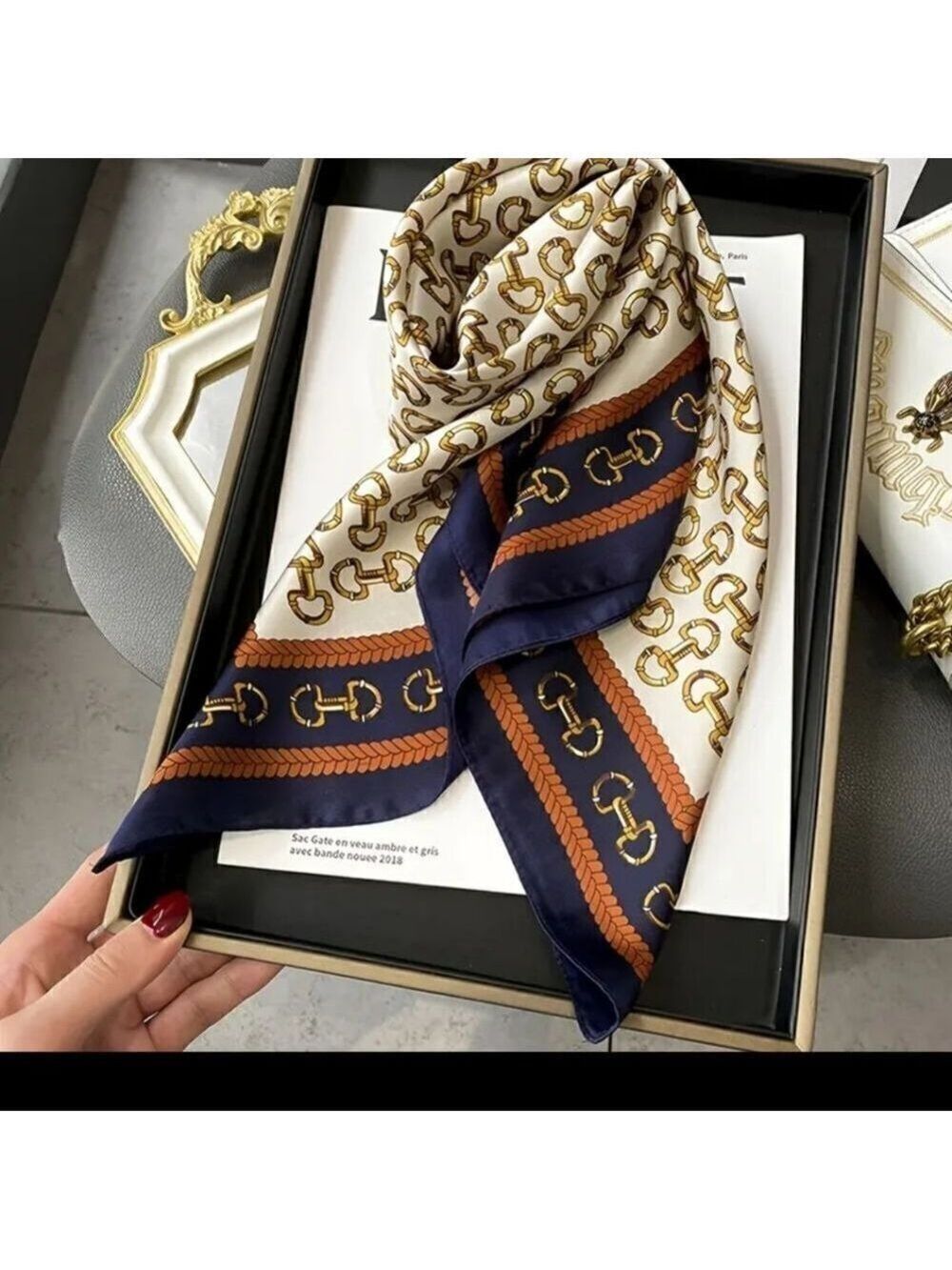 Blue Printed Square Scarf Golden Buckles Silky Style